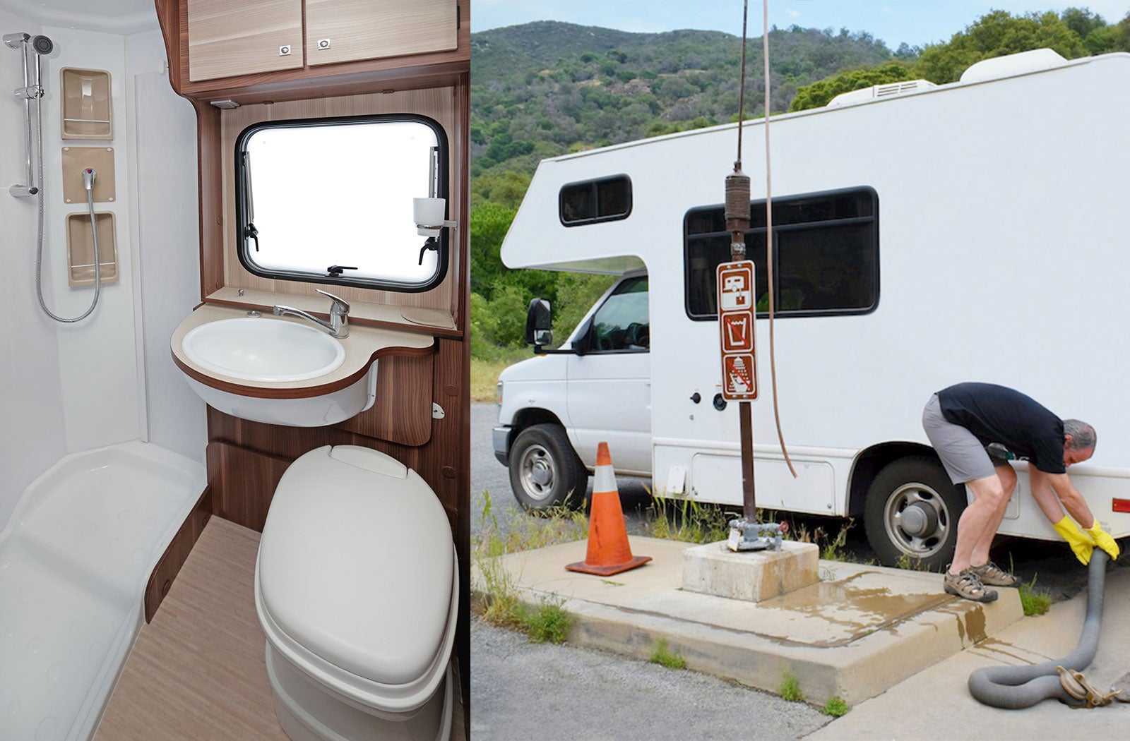 Portable RV/camper toilet and holding tank setup in Moreno Valley, California