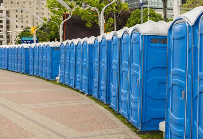 Seasonal porta potty units set up at a Moreno Valley, California venue