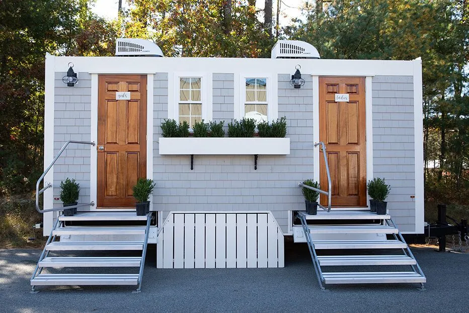 Wedding restroom units discretely staged at a venue in Moreno Valley, California